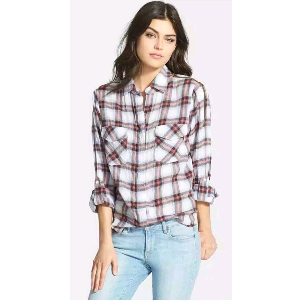 SAM EDELMAN Womens Shirt Riley Plaid Boyfriend Split‎ Hem Button Up Zippers Med